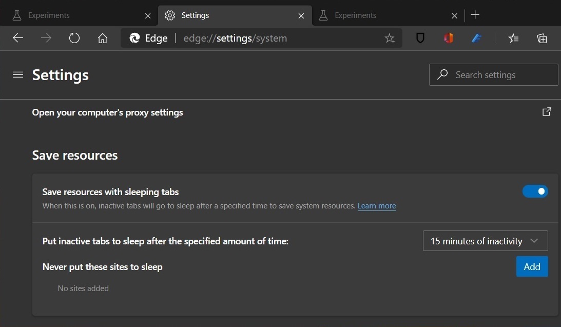 Edge sleeping tabs setting
